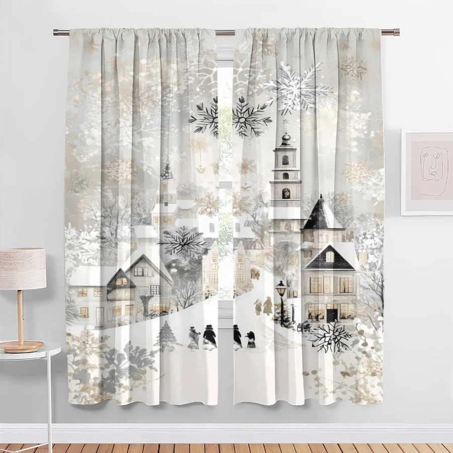 2PCS Digital Print Curtains, Silver White Snowy City Church Pedestrians Snowflakes Gold Leaves Decor, Elegant Vintage Winter Sty