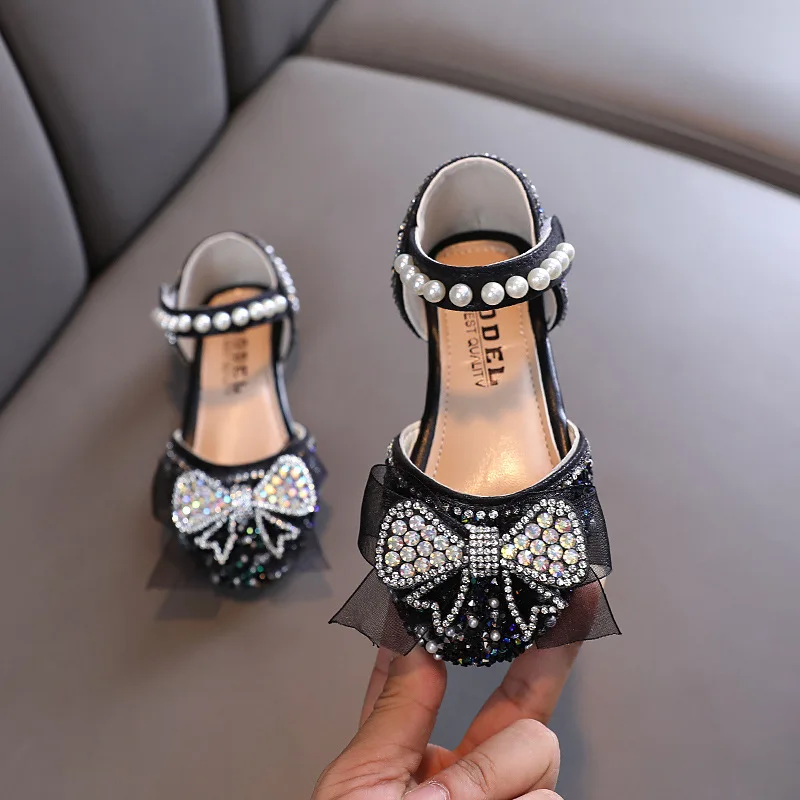 2024 Summer Girls Sandals Dance Party Shoes Spring New Fashion Rhinestones Pearl Bow Kids Princess Shoes Children Sandals H127