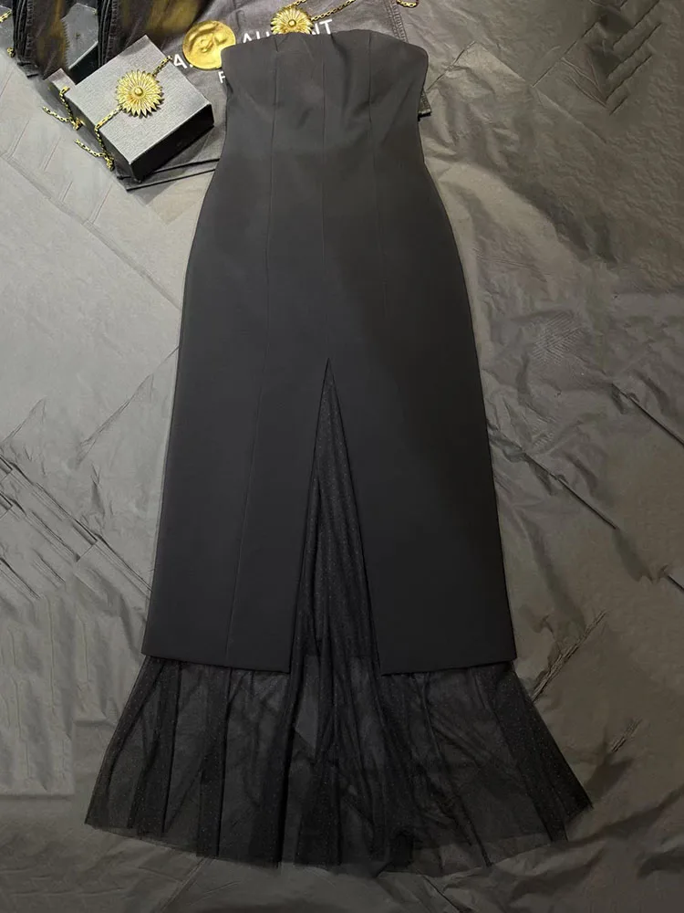 Women's Mesh-Panel Strapless Dress Stylish and Elegant Sleeveless Backless Black Gown High-Quality Evening Gown 2026 New Arrival