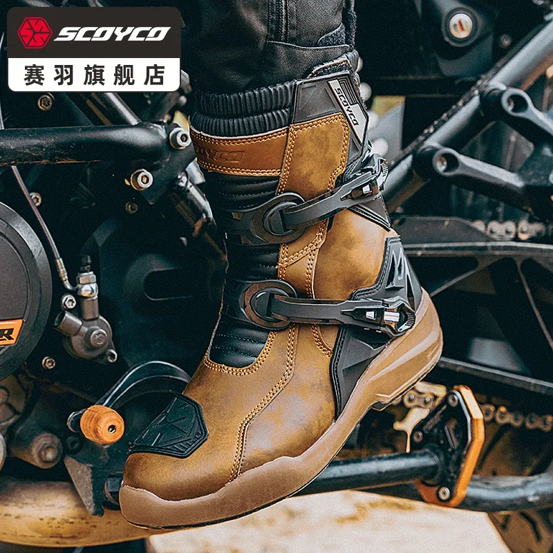 Scoyco Enduro Motorcycle Boots Man Waterproof Motorcyclist Shoes Brown Leather Motocross Boots Anti-slip Motorcycle Accessories