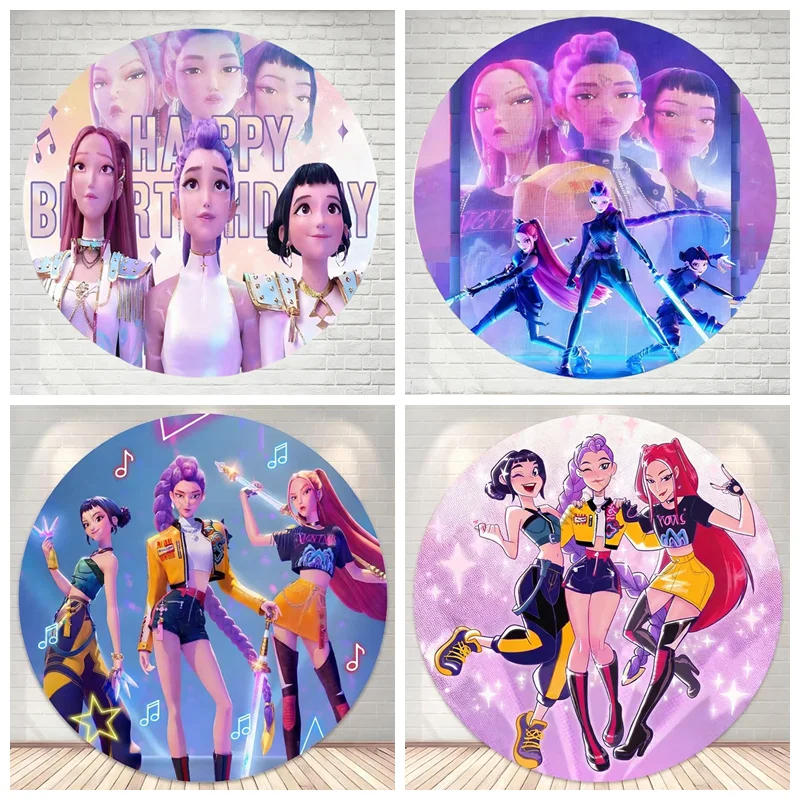

KPop Demon Hunter Round Backdrop Rumi Zoey Mira Girls Birthday Party Baby Shower Decoration Photography Props