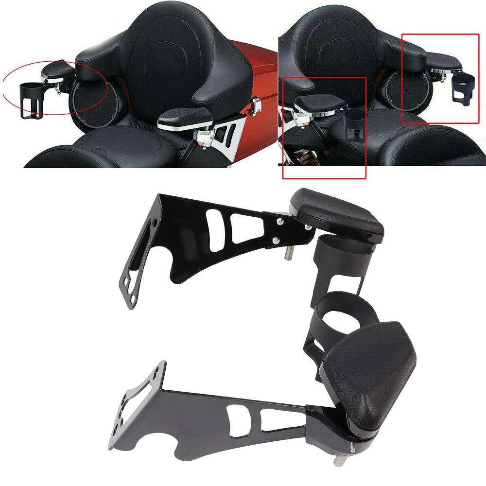 For Harley Touring Electra Street Road Glide Ultra 97-13 Adjustable Rear Passenger Armrests W/ Cup Holder Motorcycle Accessories