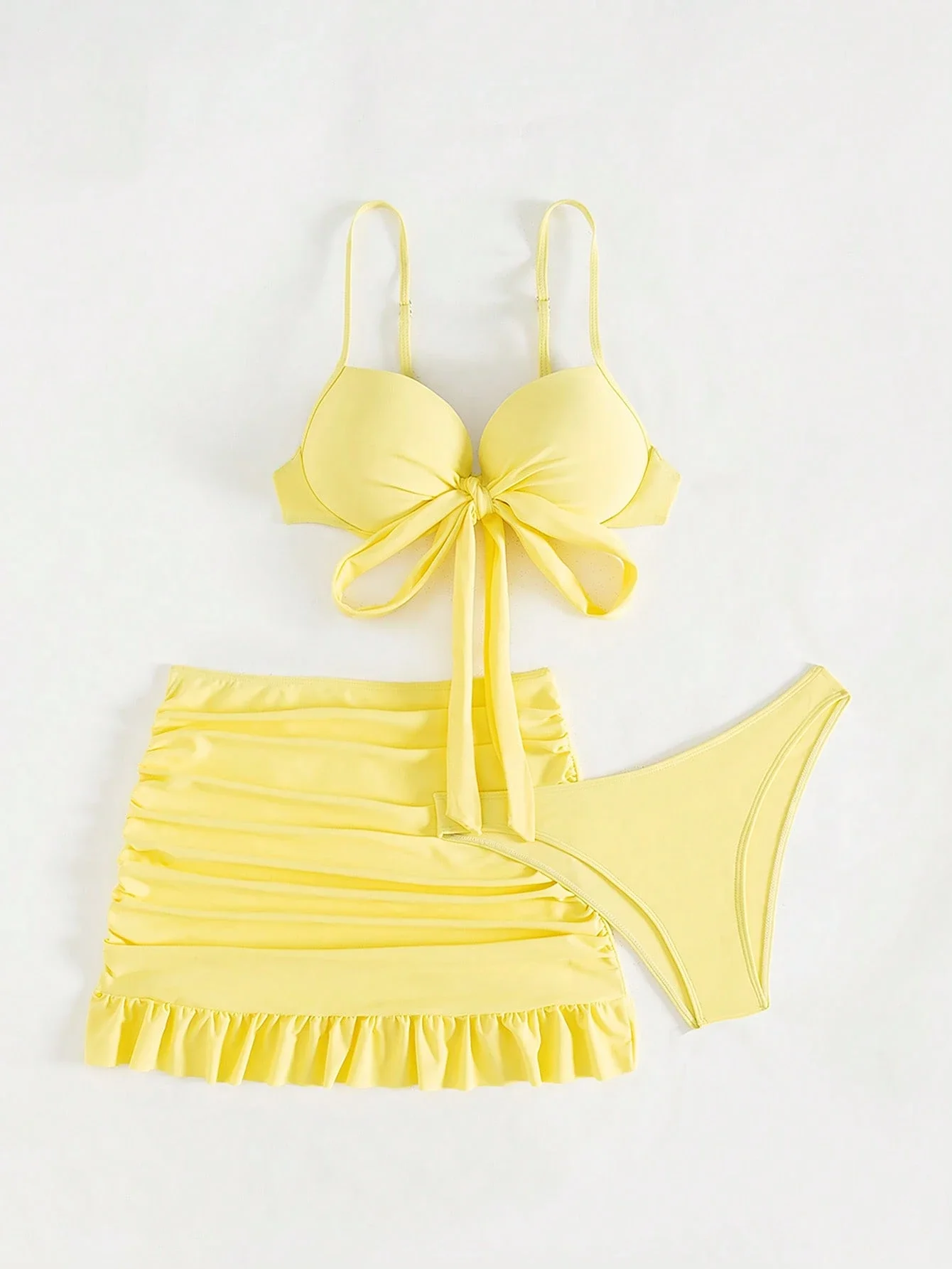 

Yellow 3 Piece Bikini Set With Bow Ruffle Hem Spaghetti Strap Push Up Beach Swimwear