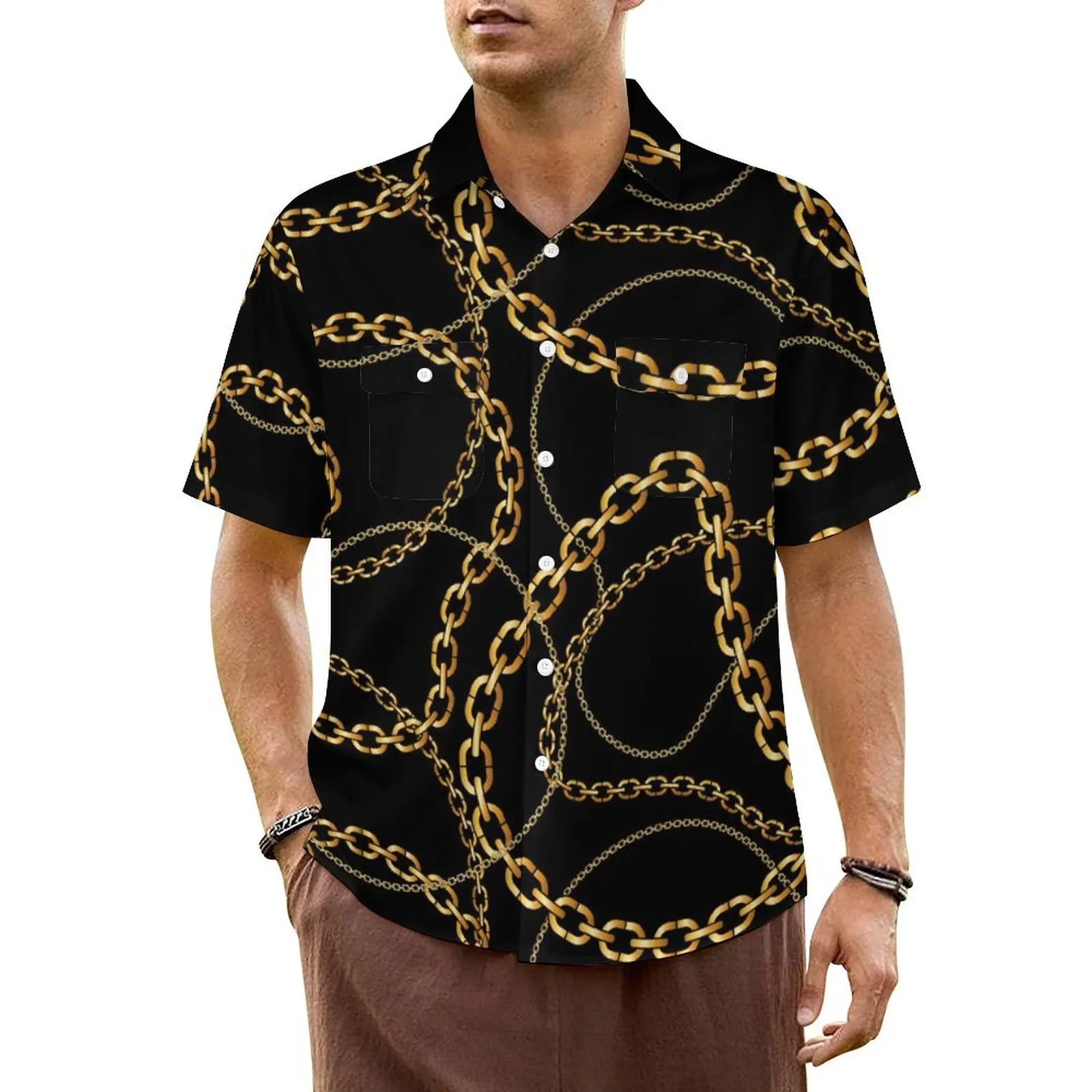 

Hawaiian Shirt Vacation Gold Chains Blouses Circle Chain Elegant Casual Shirts Man Short Sleeve Streetwear Oversized Clothes