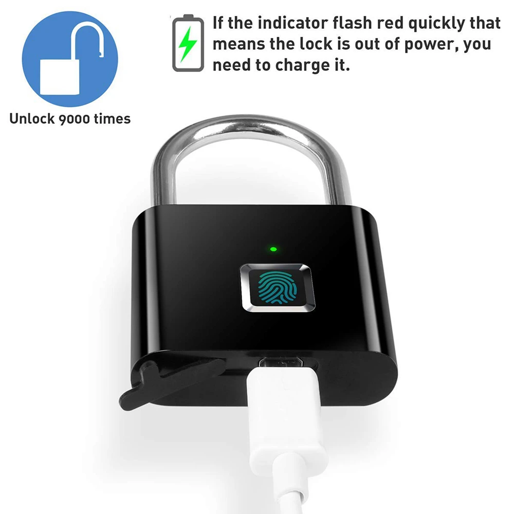 Smart Fingerprint Lock with USB Rechargeable Door Lock Biometric Door Padlocks Zinc Alloy Smart Home Keyless Security Protectio