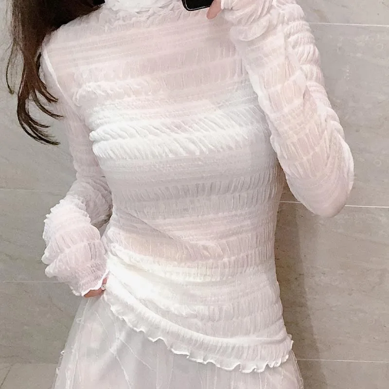 

Inner Layer Lace Sheer Women‘s T-Shirt Mesh Summer Thin Bottom Shirt Transparent Long Sleeve Blouses Ladies Tops High Neck Tee