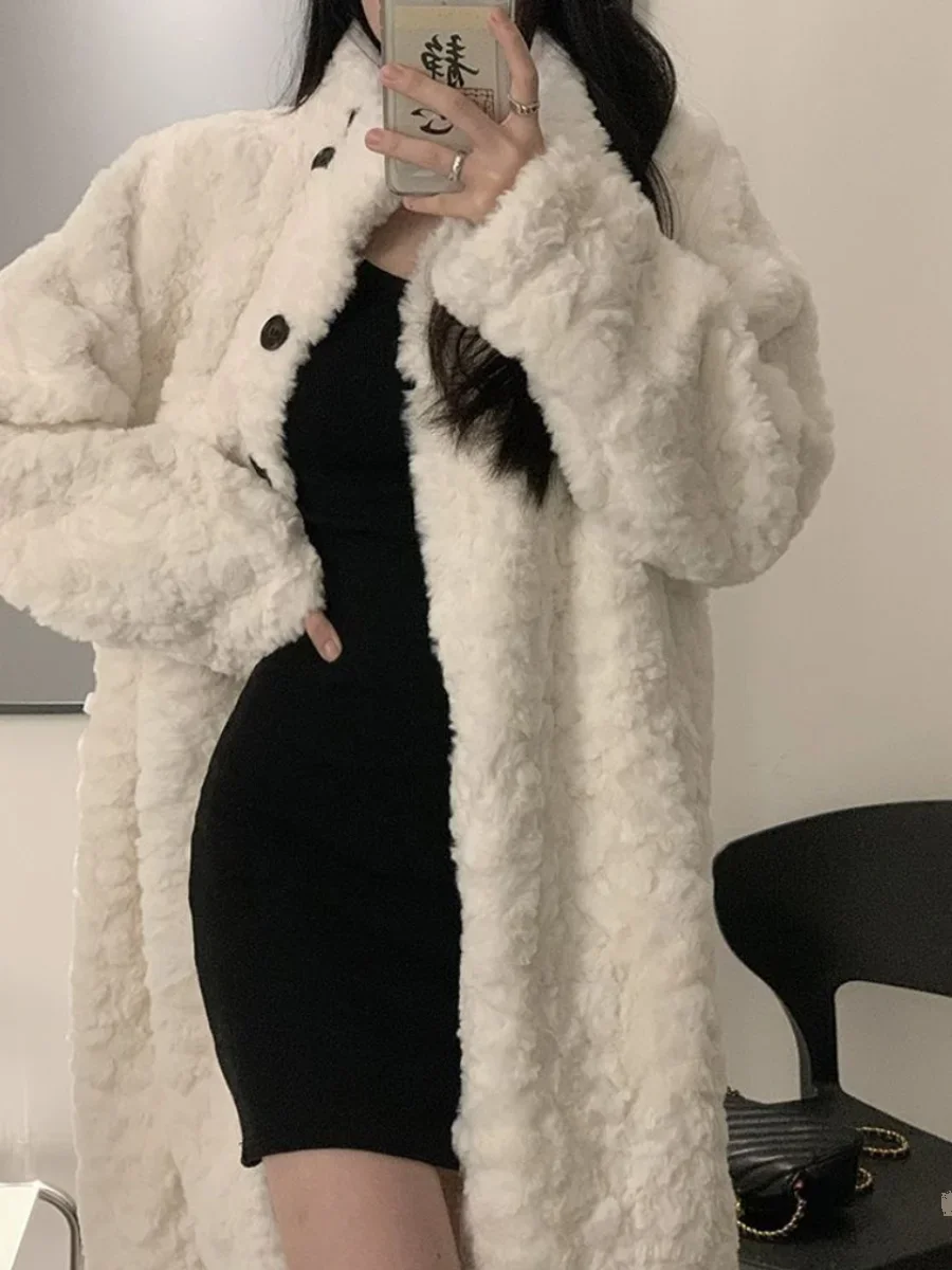 خريف شتاء جديد Thiened تنوعا الأرنب المخملية الفراء Thiened فضفاض الوقوف طوق معطف فرو الضأن المرأة طويلة فوق الركبة #4