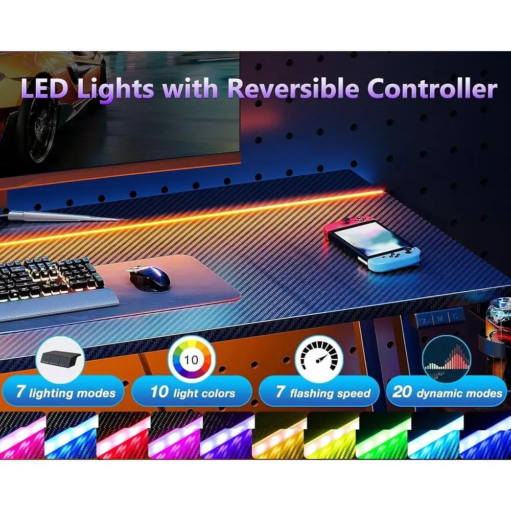 مكتب ألعاب مدمج بإضاءة LED، مكتب كمبيوتر مكون من 32 ملمس كربوني للأطفال والكبار، مكتب أسود موفر للمساحة #4