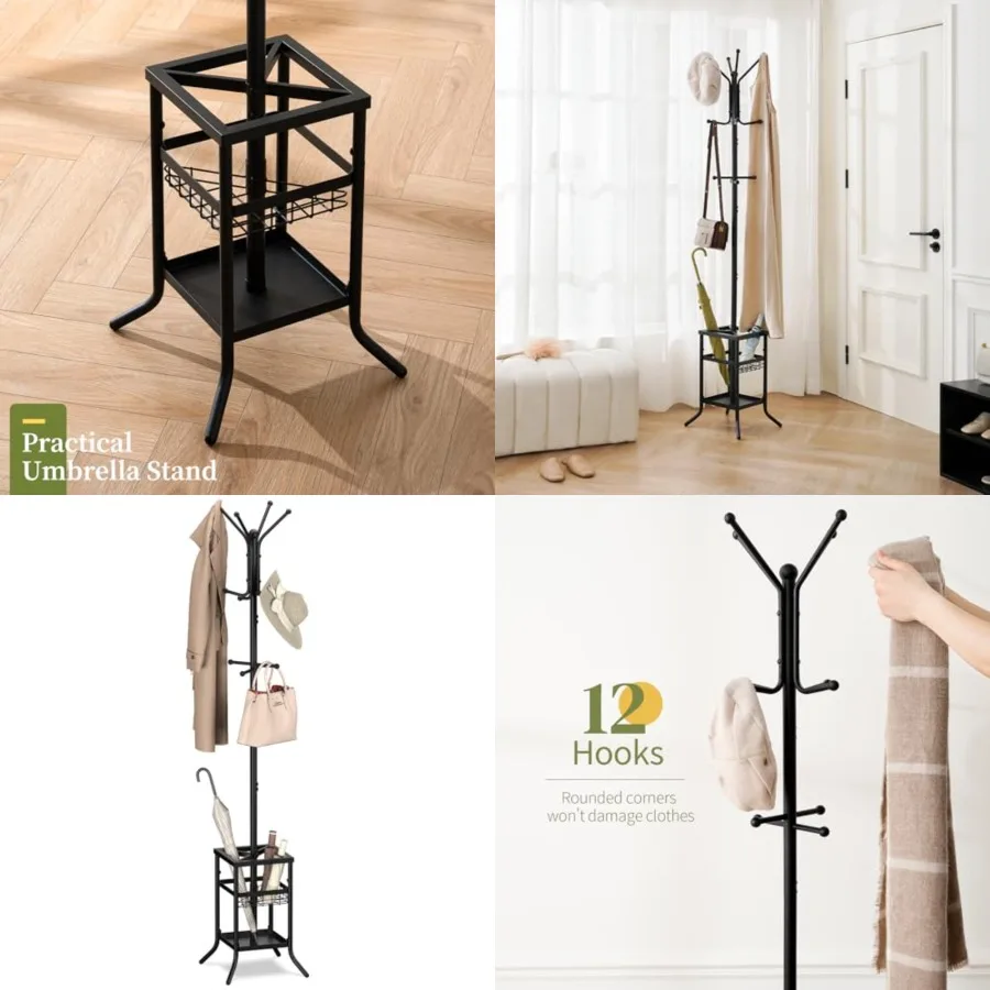 

Coat Rack Freestanding - Coat Tree with Umbrella Holder, Metal Coat Rack Stand with 12 Hooks, Modern Coat Hanger Stand for Entr