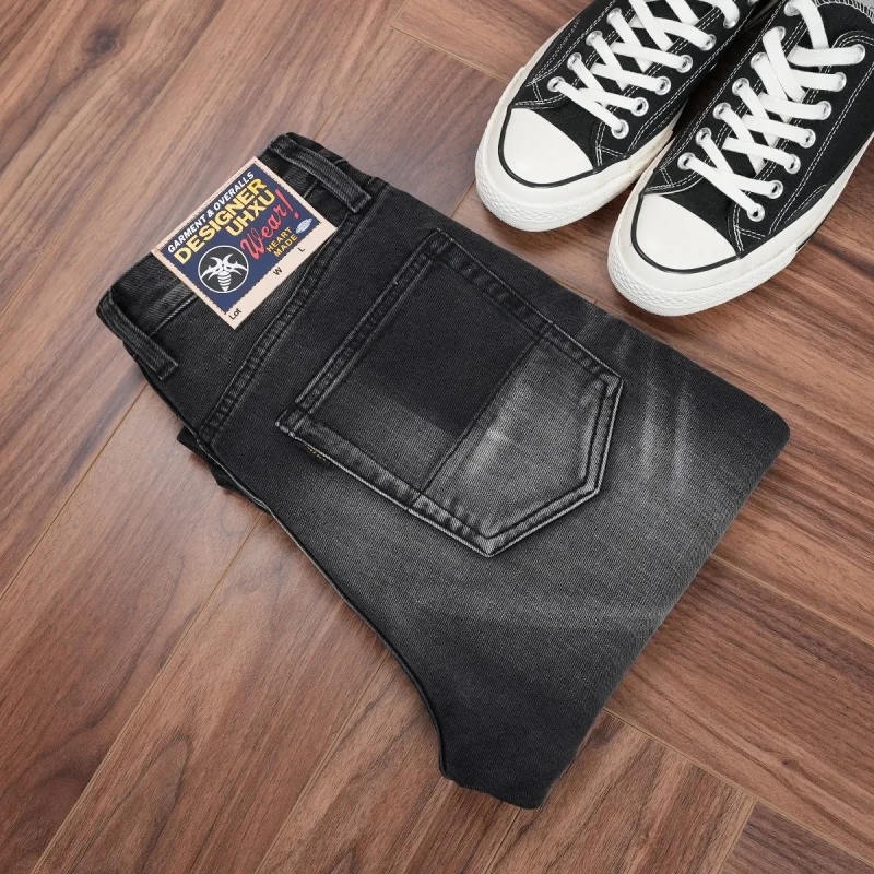 

New autumn and winter men's black and gray jeans with washed and distressed design, slim straight cut, high-end men's wear