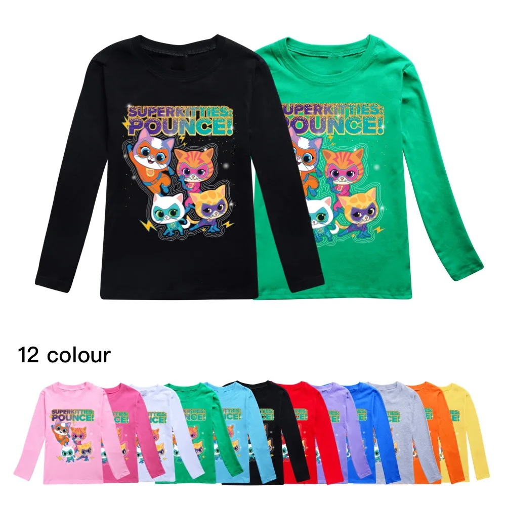 

Kawaii Cartoon Superkitties Tshirt Kids 2024 Fall Clothes Baby Girls Long Sleeve Tops Teen Boys Cotton T-shirt Children Clothing