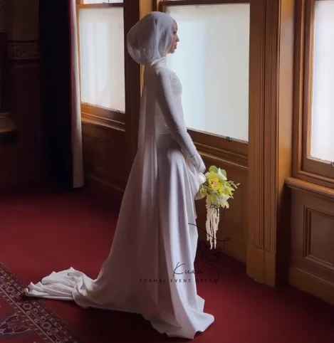 KUXA Customized Simple Muslim Wedding Dresses Saudi Kuwait Full Sleeves Floor-Length A-Line Bridal Gowns Vestidos De Novia 2026