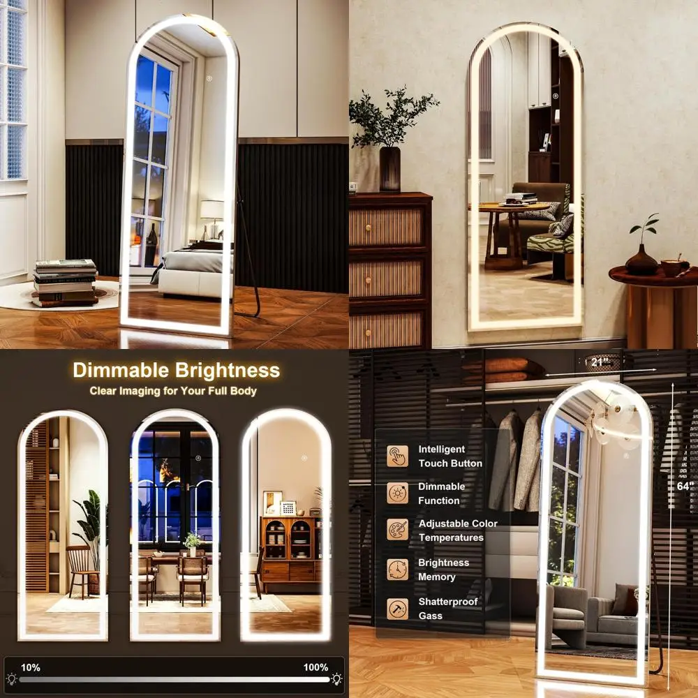 Espelho de comprimento total com arco branco LED de brilho ajustável, controles de tela sensível ao toque, parede ou independente, 21 x 64, ideal para Bedro