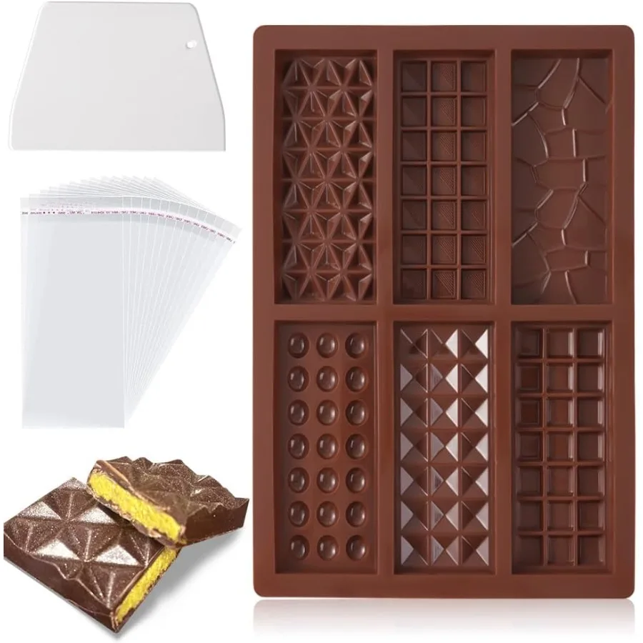 

Форма для шоколадного батончика 6-в-1 с 100 пластиковыми упаковками и скребком, пищевая силиконовая форма для конфет, прямоугольная, мягкая, нелистичная