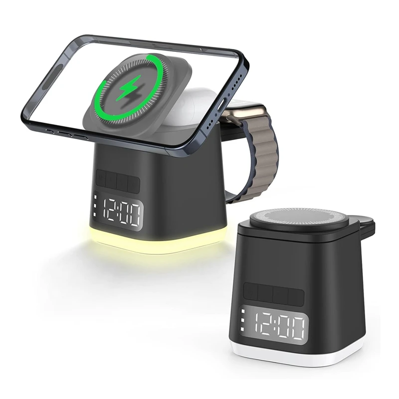 Wireless Charging Hub 3-In-1 With Alarm Clock & Night Light, Phone And Watch Charging Stand Black