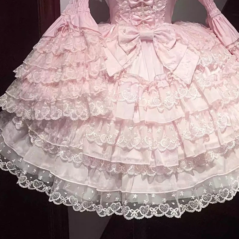 Original Lolita Pink Flower Wedding Dress Jsk Girls Summer Sweet Slim-Fit Elegant Lace Edge Princess Dress Y2k Fairy Dresses