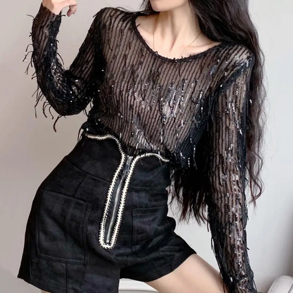 Women Long Sleeve Tassel Top Sequin Glitter Tops Stylish Women's Tassel T-shirts with Long Sleeves Loose Fit Solid for Casual