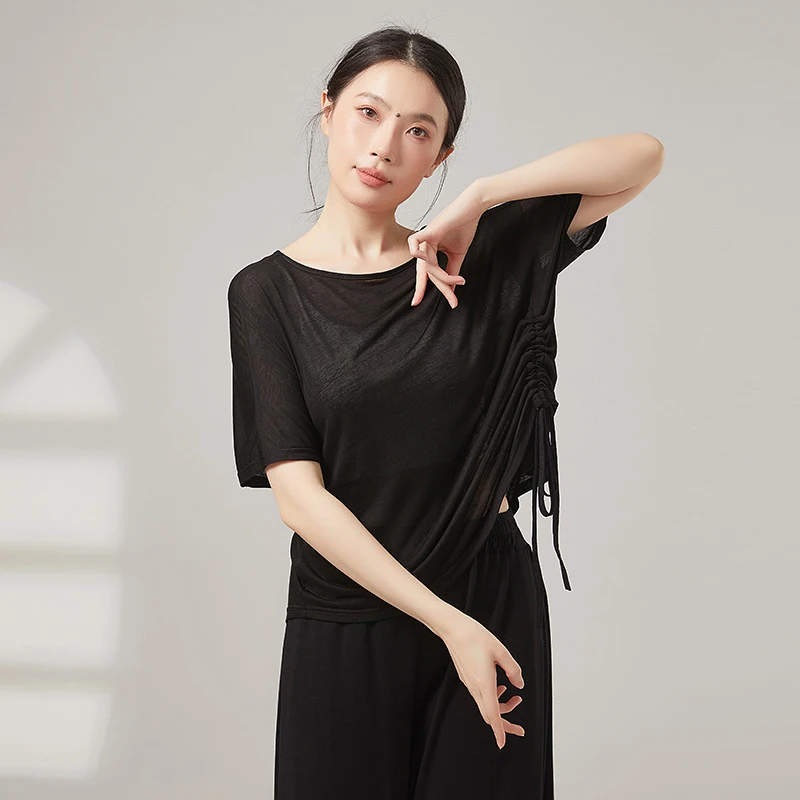 Women Rayon Loose Dance Top Side Drawstring Crew Neck Modern Dance Shirt Breathable Soft Classical Dance Cover Up Breathable