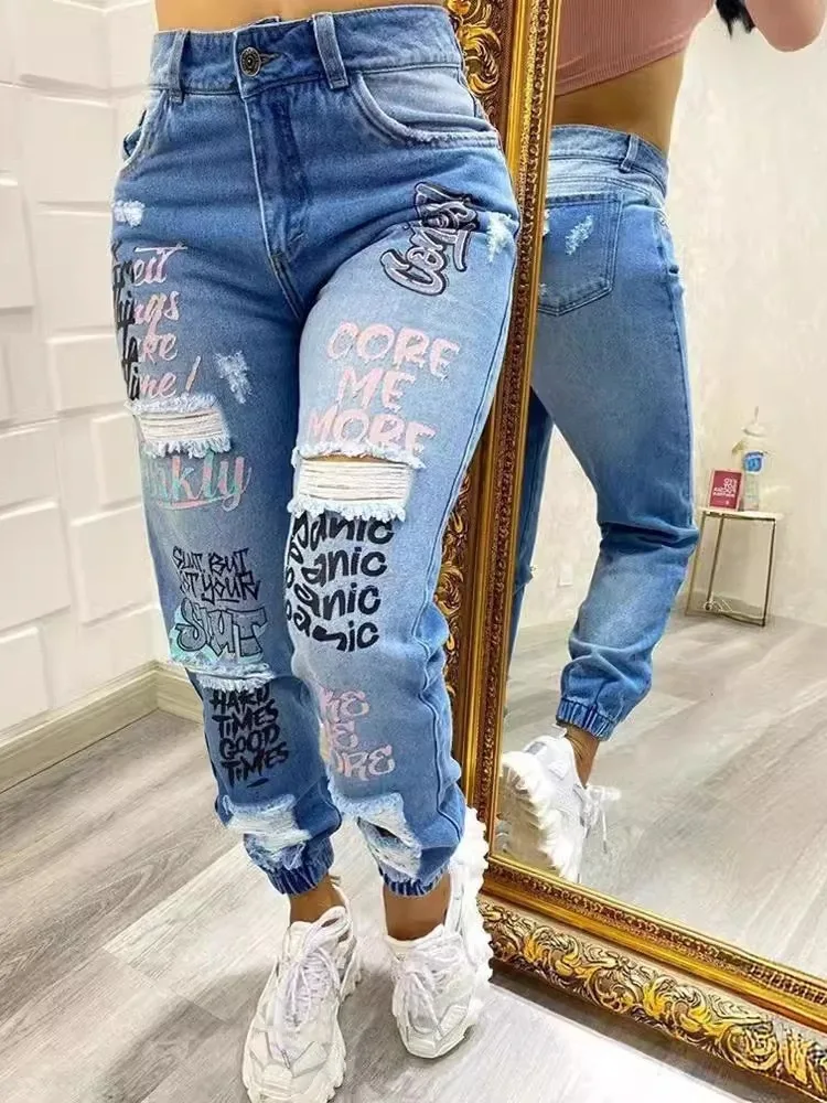High Waist Torn Denim Jeans Women's Tight Fit Printed Wear Resistant Cuffed Jeans Casual Blue Cotton High Elasticity
