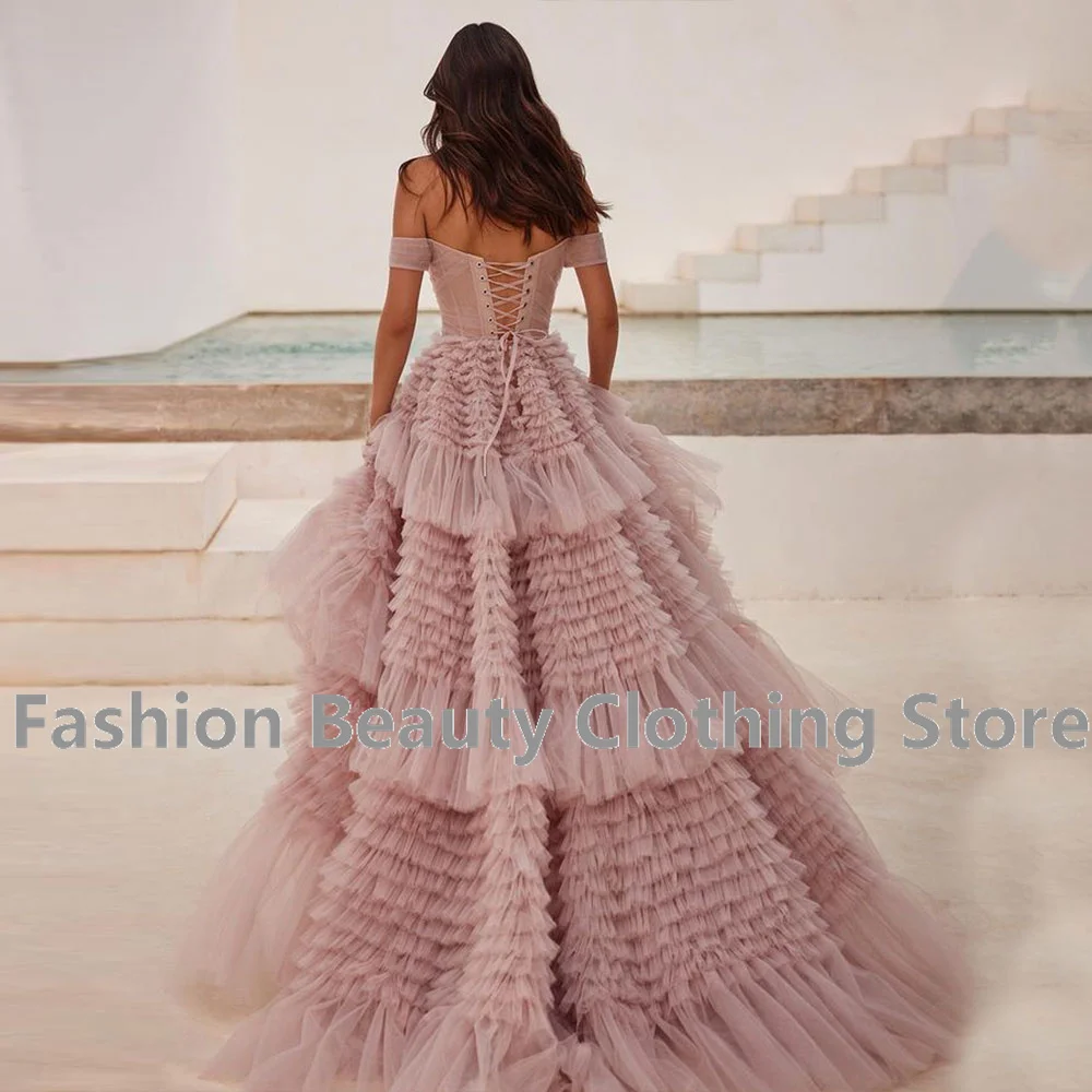 Saudi Arabia Prom Gown Off The Shoulder Tulle Back Lace-up Tiered Ruffle Evening Dress A-Line High Split Formal Occasion Dresses