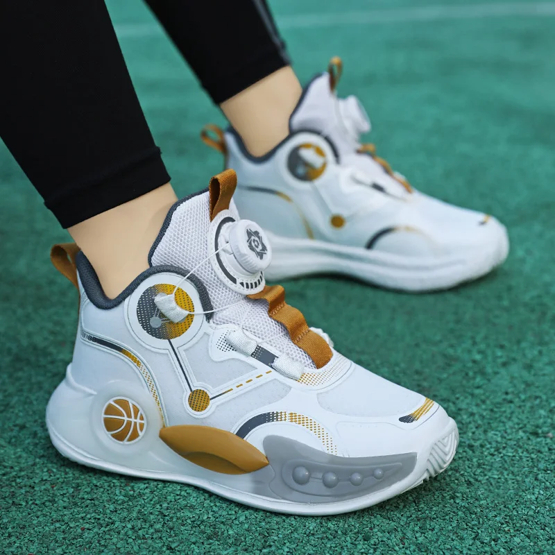 أحذية رياضية قتالية لكرة السلة للأولاد ، أحذية رياضية مانعة للإنزلاق ، قابلة للتنفس ، زر دوار ، خفيفة الوزن ، أحذية جري للأطفال ، جديدة ، #4