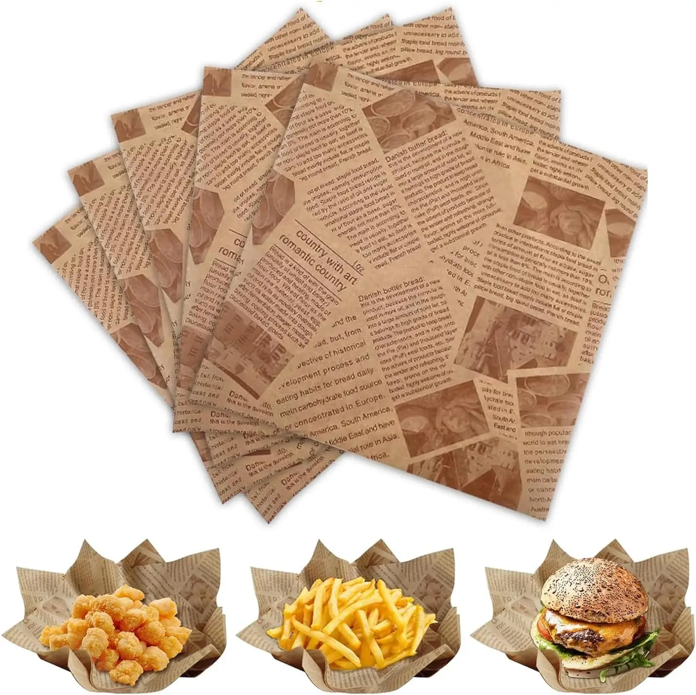 50/100Pcs Food Paper Sheets, Deli Wax Paper Sheets for Hamburger Fries Food Basket Liners, Old Newspaper Style Paper for Kitchen