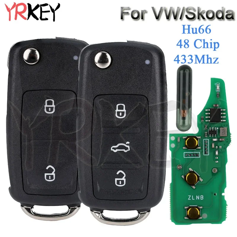 Fob Flip Remote Key for Volkswagen VW Passat Skoda Sedan Polo Beetle Golf 4 5 6 Eos Jetta Tiguan Rapid 433MHz ID48 Hu66 Car Keys