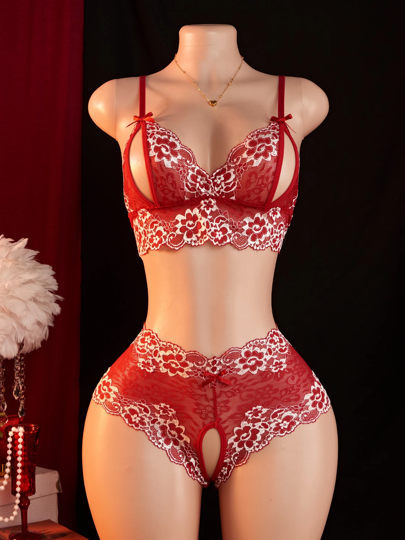 Open-cup Bra Set Sexy Lingerie For Women Hollow Transparent Flower Lace Underwear Brassiere + Crotchless Panty Seductive 2 Piece