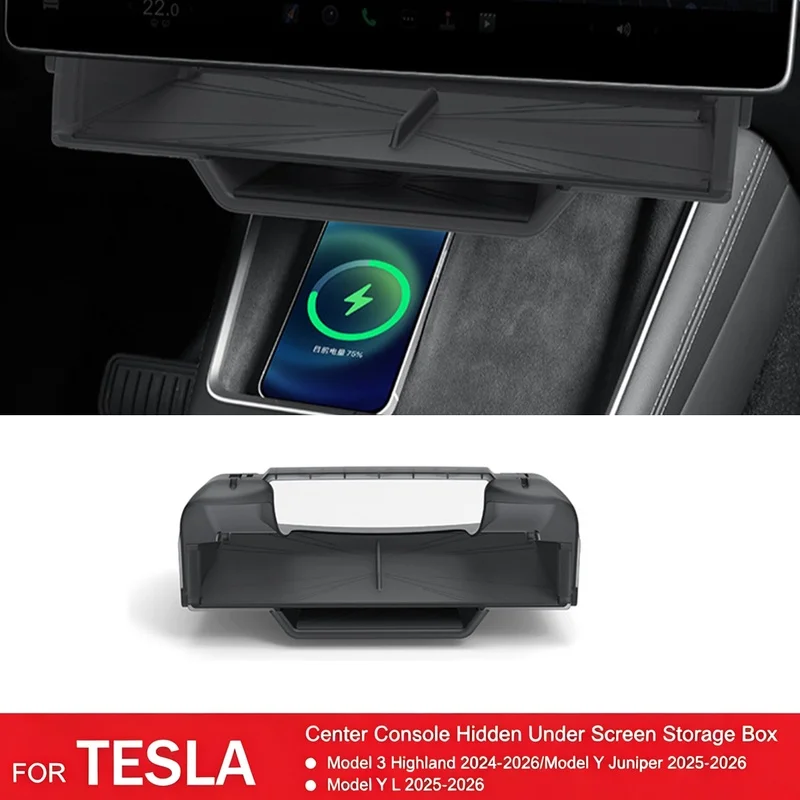 For Tesla Model Y Juniper YL Model 3 Highland 2025 2026 Under Screen Hidden Storage Box Center Console Screen Organizer