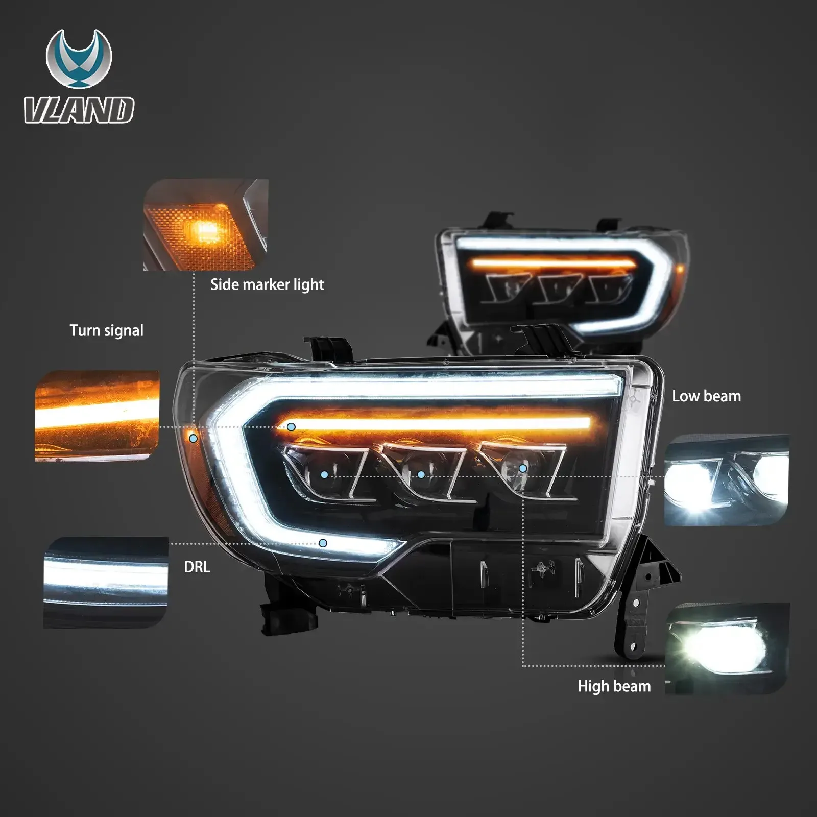 07-13 e 08-21 VLAND Proiettore a matrice LED Fari Nero per Tundra Sequoia con aggiornamento sequenziale degli indicatori di direzione DRL