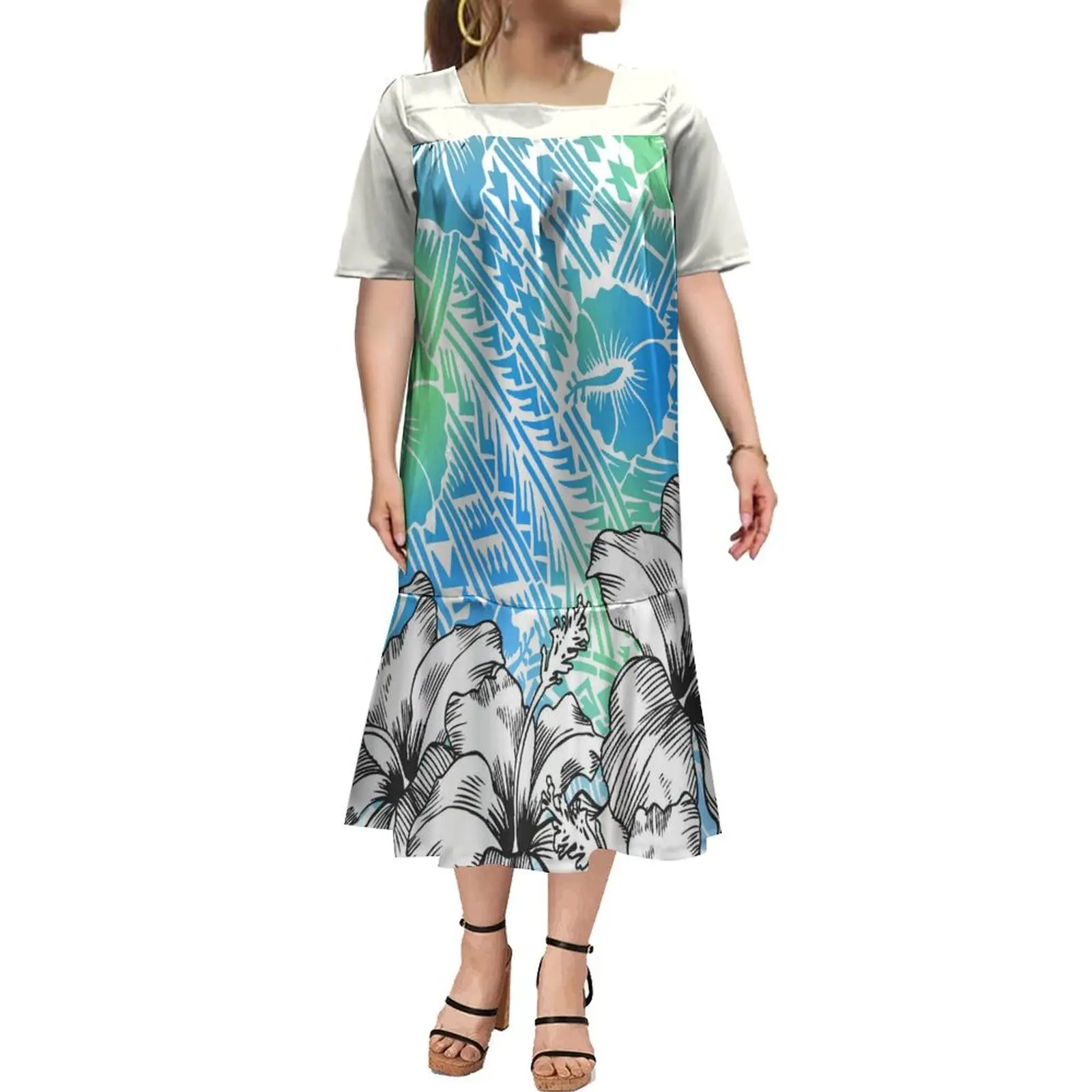 

Летняя модная женская одежда в этническом стиле Гавайский принт MUMU 2024, белое и голубое Самоа