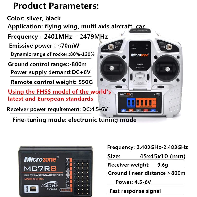 MicroZone MC6C Model Aircraft Remote Control With 2.4G Receiver For SU27 Fixed Wing Aircraft Through The 4 Axis KT Board Machine