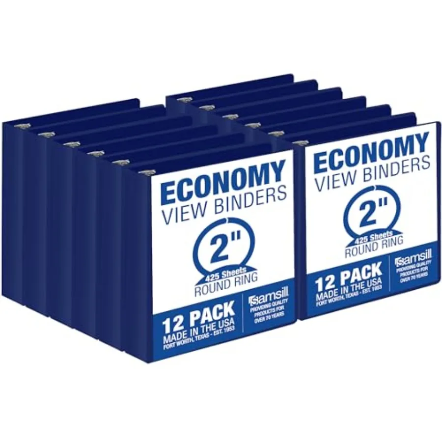 

2 Inch 3 Ring Binders Economy Round Ring Clear View Cover 425 Sheet Capacity - for School Home Office - Blue 12 Pack