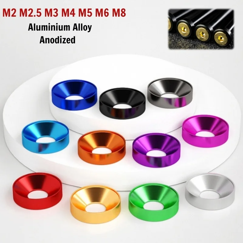 M2 M2.5 M3 M4 M5 M6 M8 Aluminum Anodized Flat Head Washers Gasket Spacers for Countersunk Bolt Screws Car Auto Modification