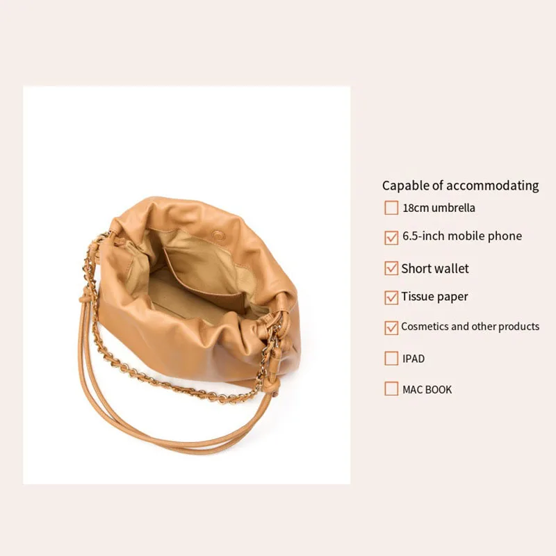 Genuine Split Cowhide Cloud Shoulder Bag Women Multi‑way Chain Crossbody Bag Soft Pleated Drawstring Bucket Handbag