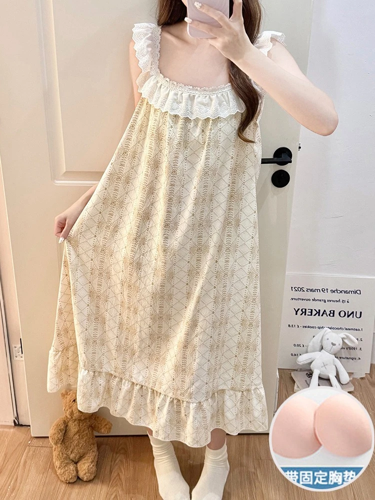 

Vest Style Sleeveless Pajamas Dress with Bra Korean Summer Thin Loose Nightgown Student Girl Ruffle Hem Dormitory Home Clothes