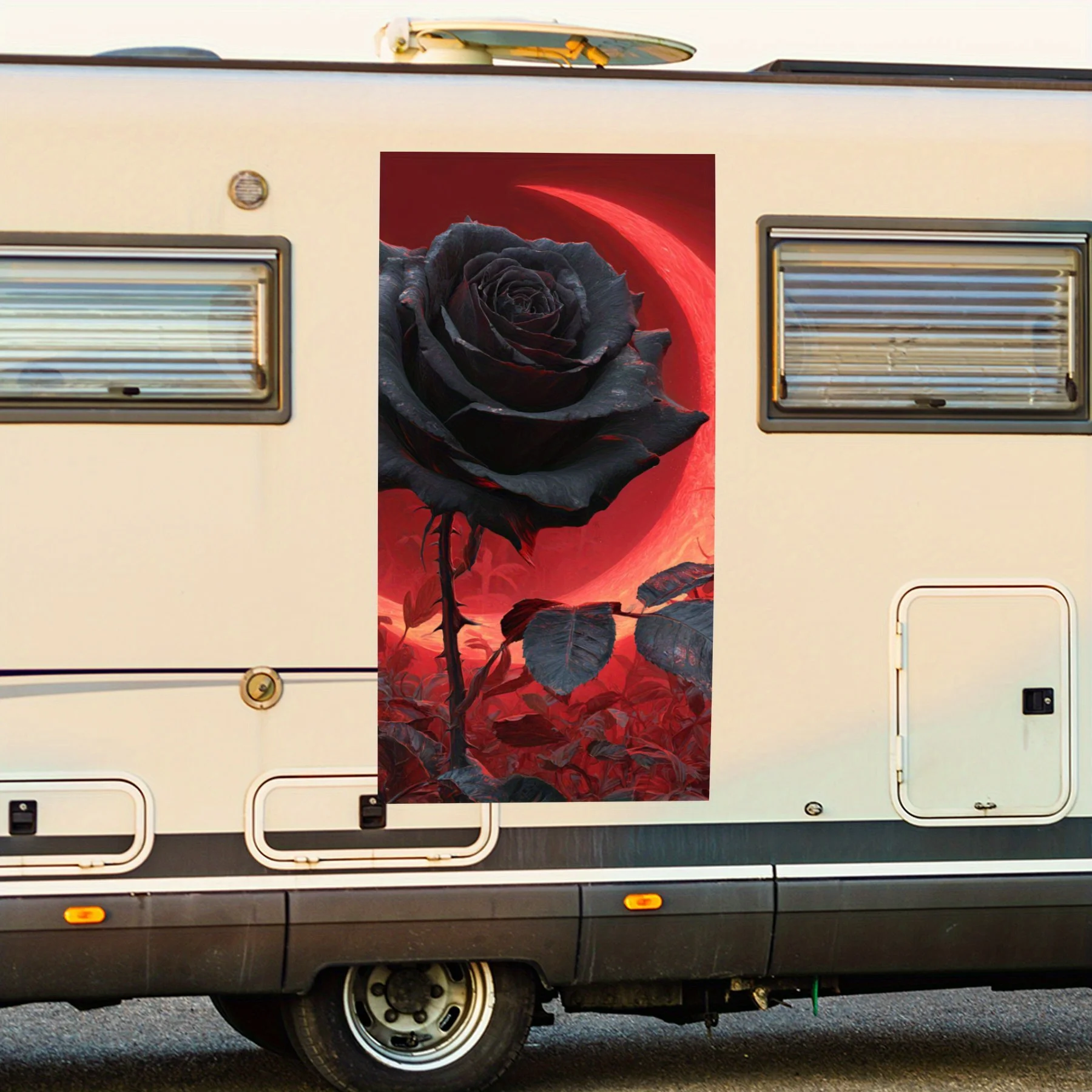 

Black Rose with Red Moon,Waterproof Vinyl Decal for RV Side, Self - Adhesive Stickers to Decorate & Protect RV Body, Perfect Pre