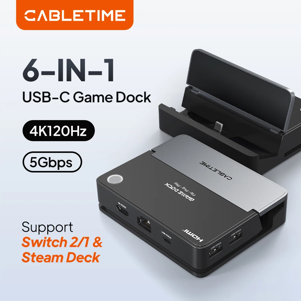 CABLETIME USB C Hub Docking Station for Nintendo Switch OLED Steam Deck 4K 120Hz HDMI RJ45 Gigabit LAN 1000W Gaming Dock
