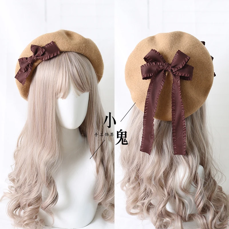 Women's Winter Wool Beret Handmade Lolita Bowknot Hats Warm Outdoor Beanie Hat