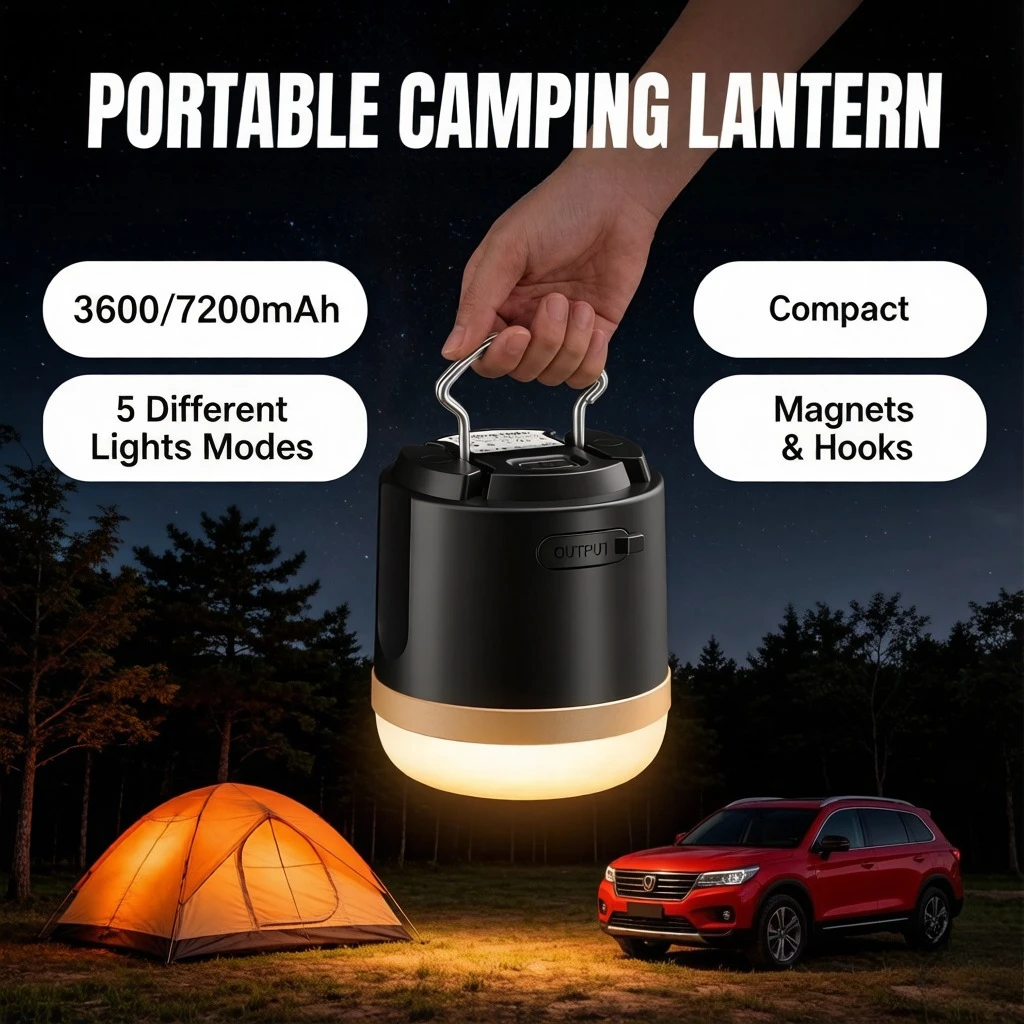 Portable Bright Rechargeable Camping Lantern 7200mAh LED Work Light with 4 Mode Waterproof Outdoor Emergency Lamp for Indoor Use