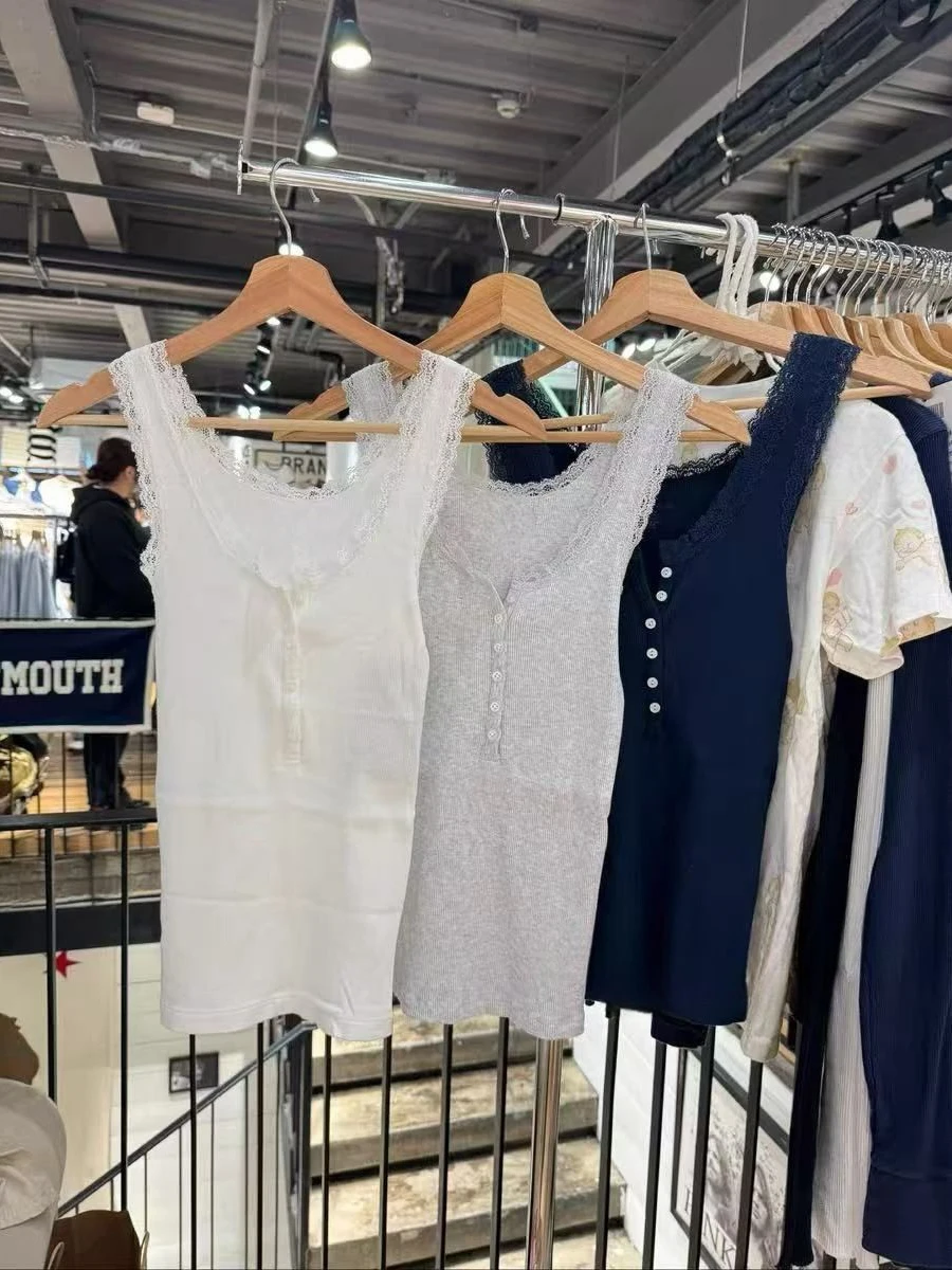 Solid Lace Trim Ribbed Tank Top Women Spring Buttons Cotton Slim Chic U Collar Sleeveless Camis Sweet Simple Basic Vest Y2K Tops