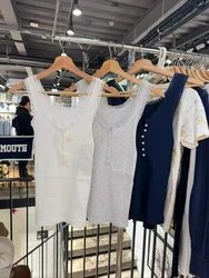 Solid Lace Trim Ribbed Tank Top Women Spring Buttons Cotton Slim Chic U Collar Sleeveless Camis Sweet Simple Basic Vest Y2K Tops