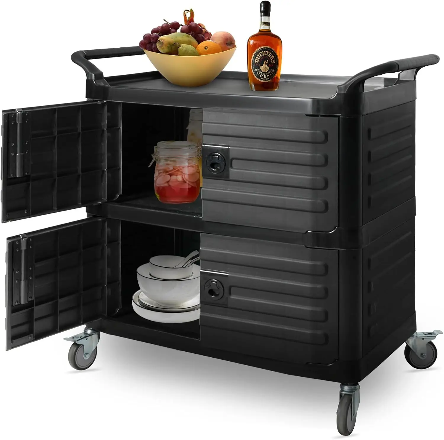 3-Tier Service Utility Carts on Wheels, Mobile Kitchen Cart with Handle & Storage Cabinet, Portable Rolling Cart for Home Hotel