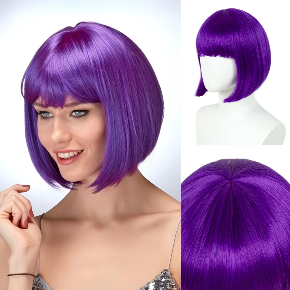

Purple Bob Wig With Bang Short Synthetic Hair For Daily Party Anime Cosplay Halloween Costume Rose Mesh Net REEWES Wig