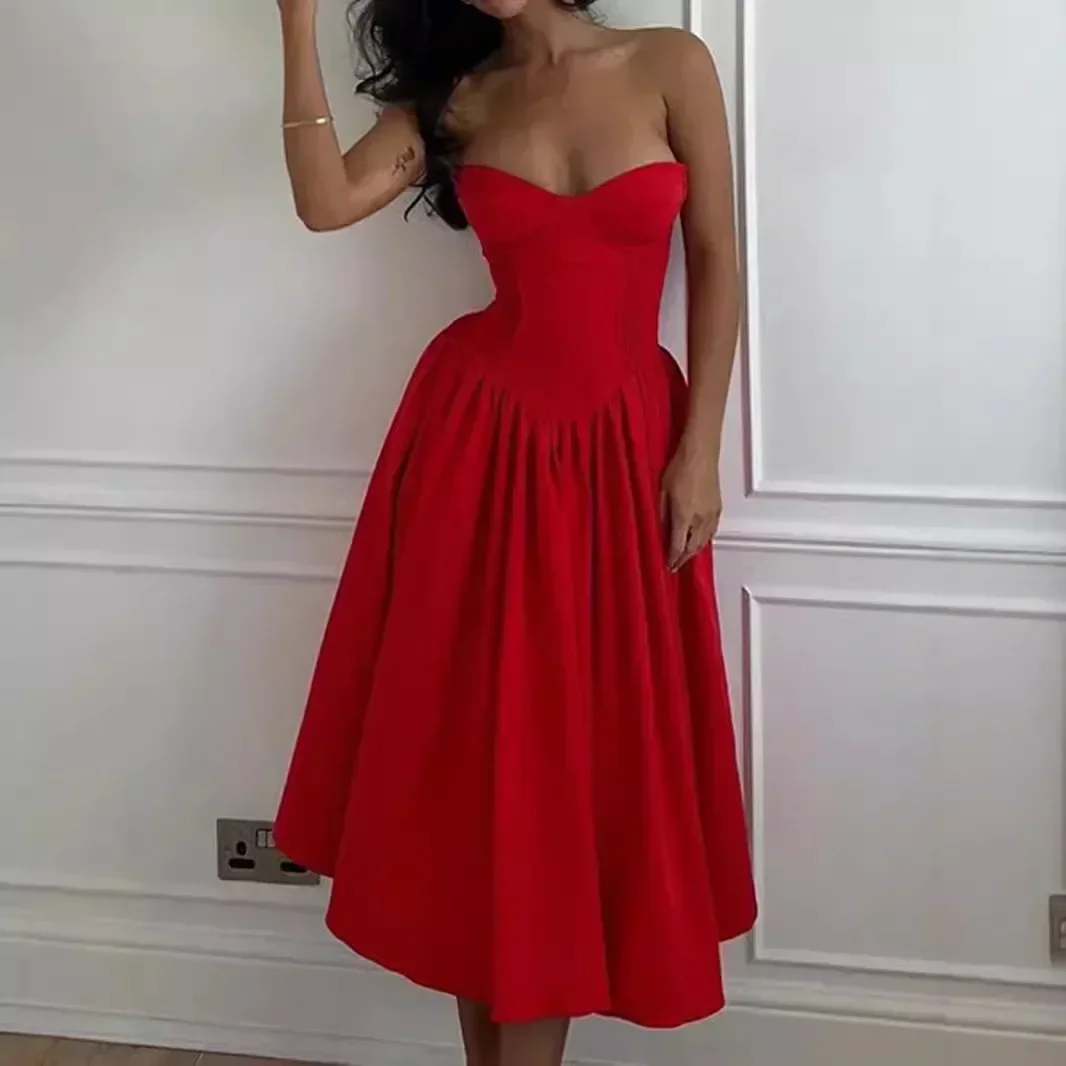 Suninheart Women Red Strapless Dress Sexy 2024 New Arrivals Midi Casual Holiday Birthday Party Dresses Female