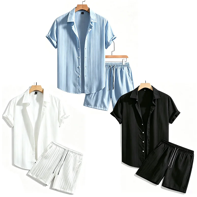 2026 New Men Vertical Wrinkle Lapel Short Sleeve Shirt Shorts 2 Piece Set Regular Fit Summer Beach Daily Casual Matching Outfit view 6