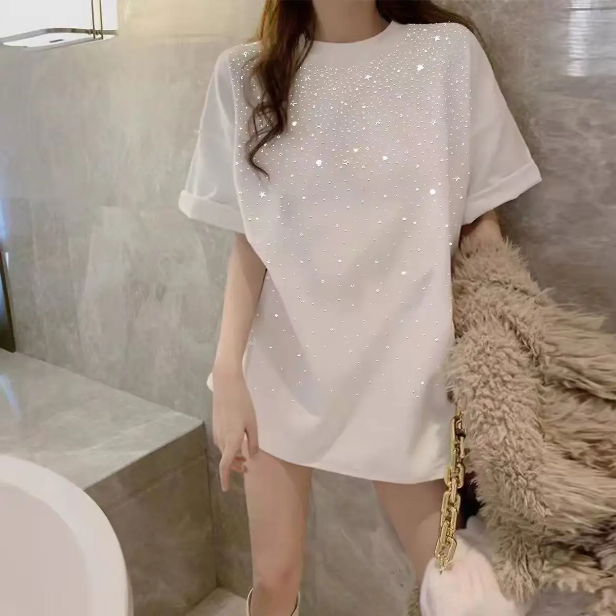 

Hot Drill Cotton T-shirt 2026 New Summer Women Short Sleeve Bling White Tee Student Cool Casual Comfortable Breathable T-Shirt