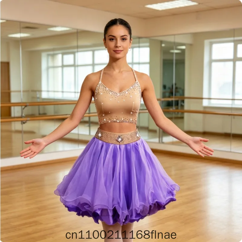 New Women's Latin Dance Competition Performance Costume Pleated Practice Skirt Sparkling Diamond Half Skirt Skin Tone Top