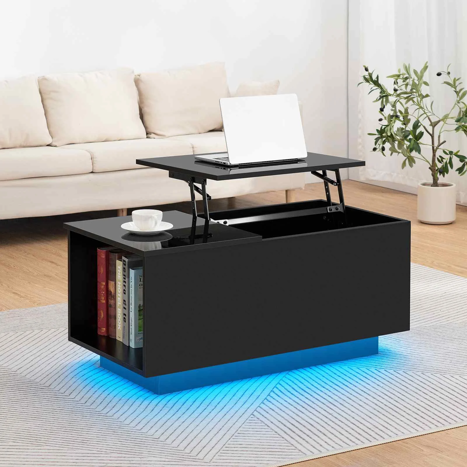 Adjustable Coffee Table in Black,Lift Top Coffee Table with StorageLED Light and Power Outlet and Hidden Compartment