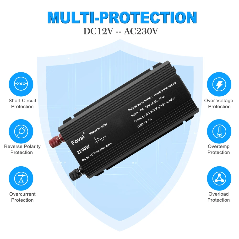 Pure Sine Wave 1500W 2200W DC 12V TO 220V Rate Power Peak Car Plug Inverter Adapter Power Converter with 3.1A Dual USB Charging